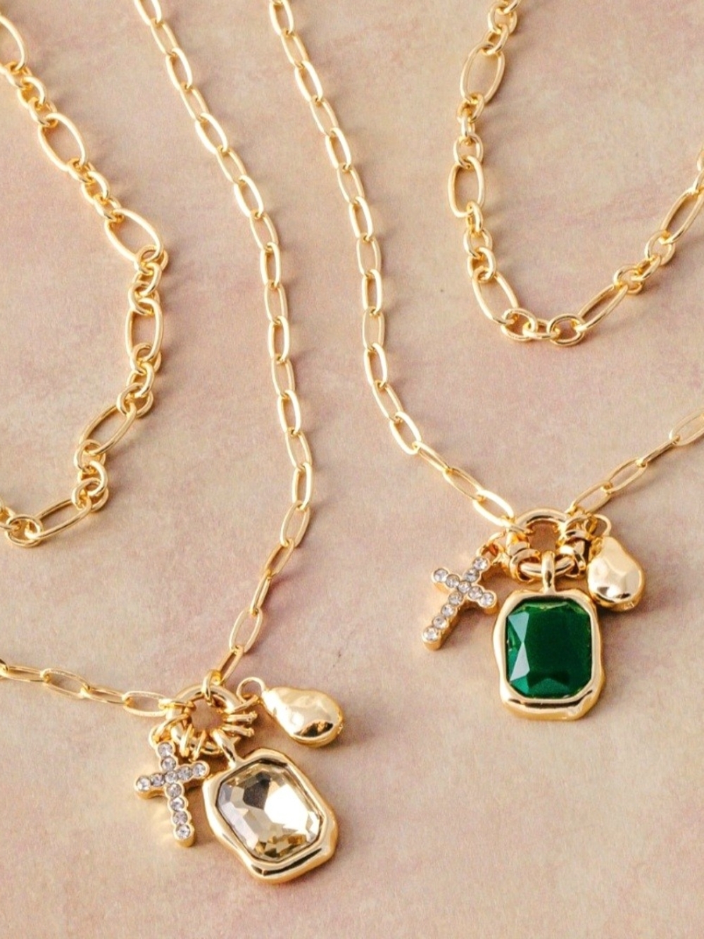 Gold Layered Necklace with Green Gem and Cross Charm
